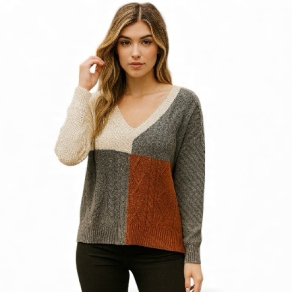 E&M Women Colorblock Cable Knit V-Neck Sweater Grey Orange Cream CR1388 Medium